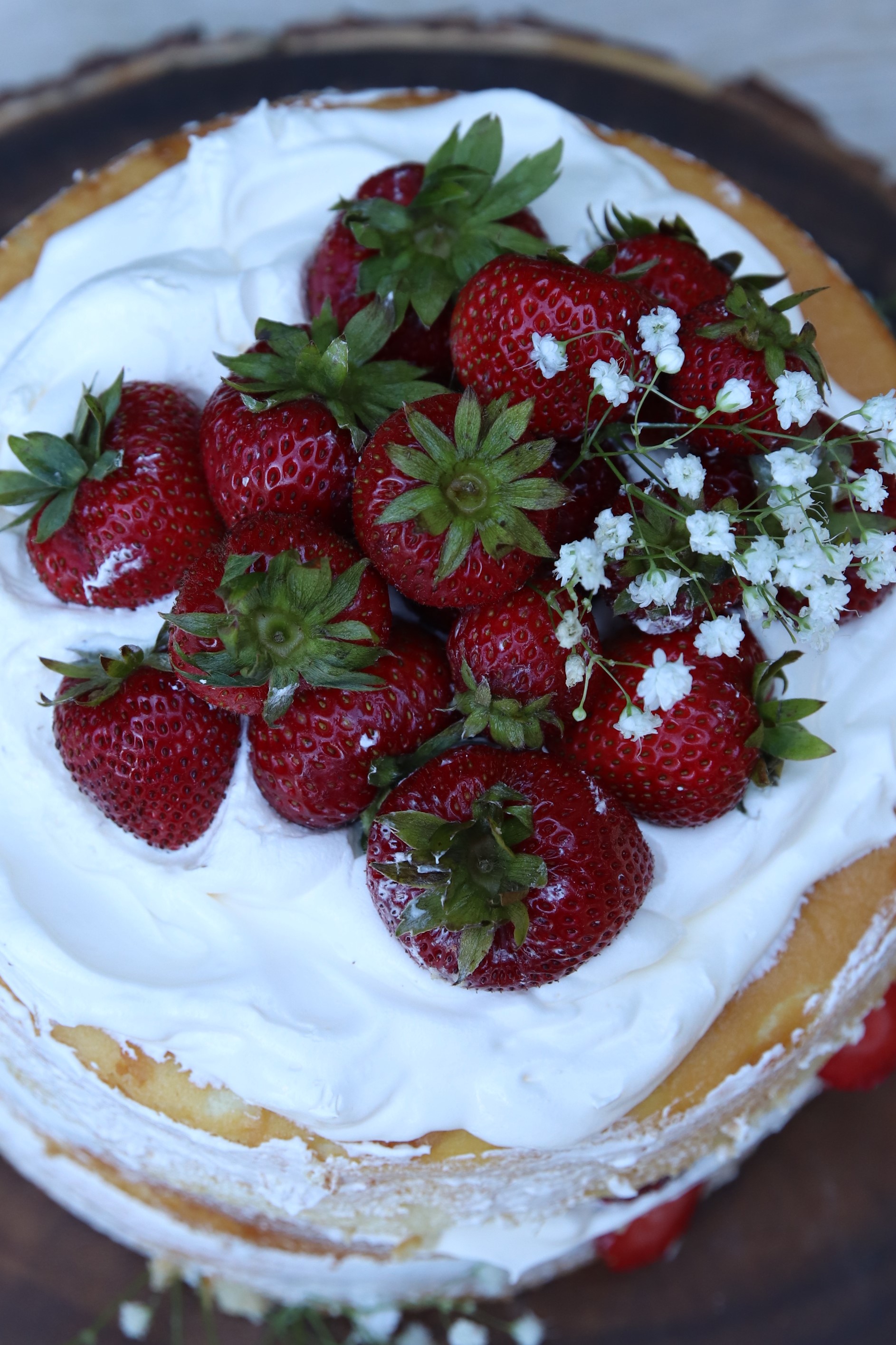 elderflower chiffon cake with whipped cream frosting and strawberries