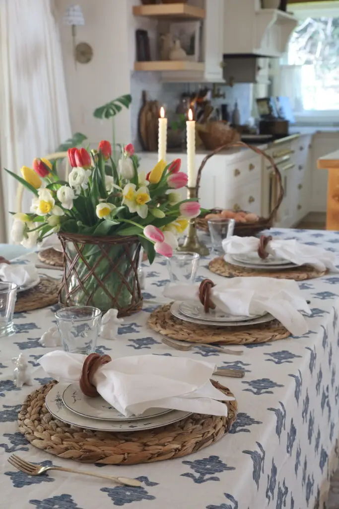 blue and white Easter table setting