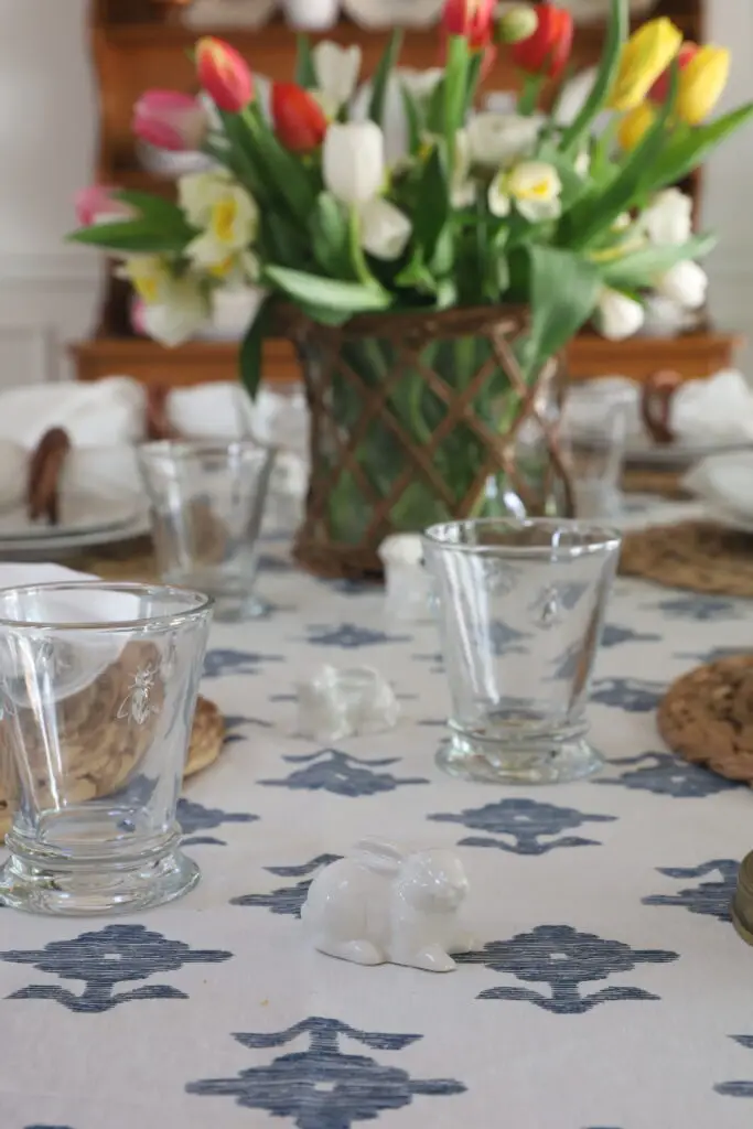 blue and white Easter table setting