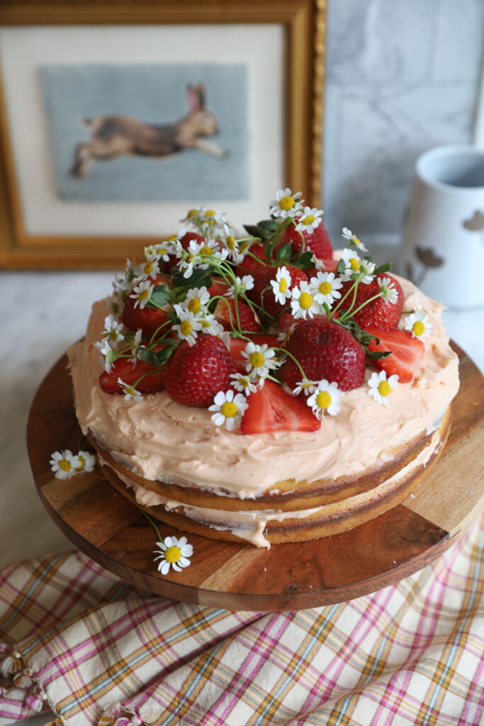 Old-Fashioned Strawberry Cake with Cream Cheese FRosting]